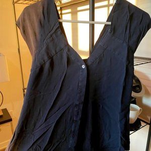 Navy Blue Theory Cap Sleeve Flounce Blouse